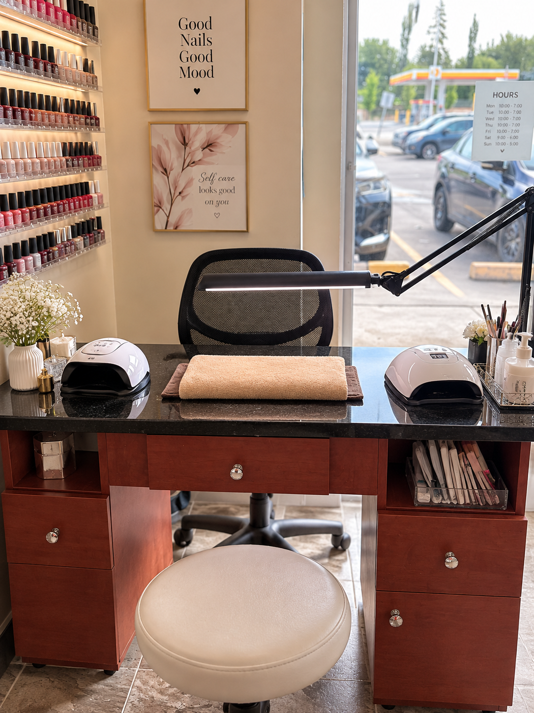 Nail station and colour selection at Jetz Hair and Nails Studio