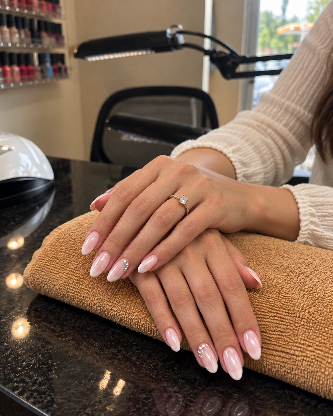 Manicure station and nail colour selection at Jetz Hair and Nails Studio in Edmonton