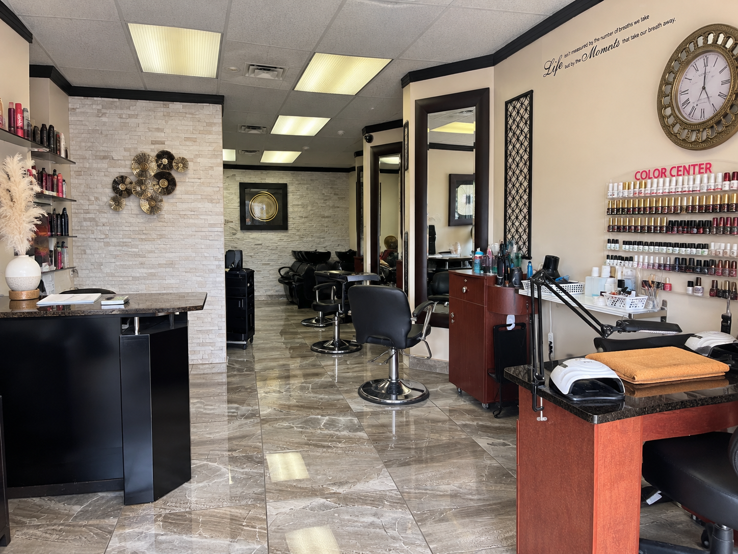Hair and nail workstations inside Jetz Hair and Nails Studio